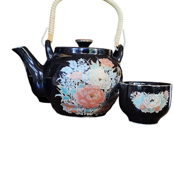 RARE Vintage Japanese Shibata 9pc Tea Set; Black Enamel w/Gold Accents - Picture 9 of 11